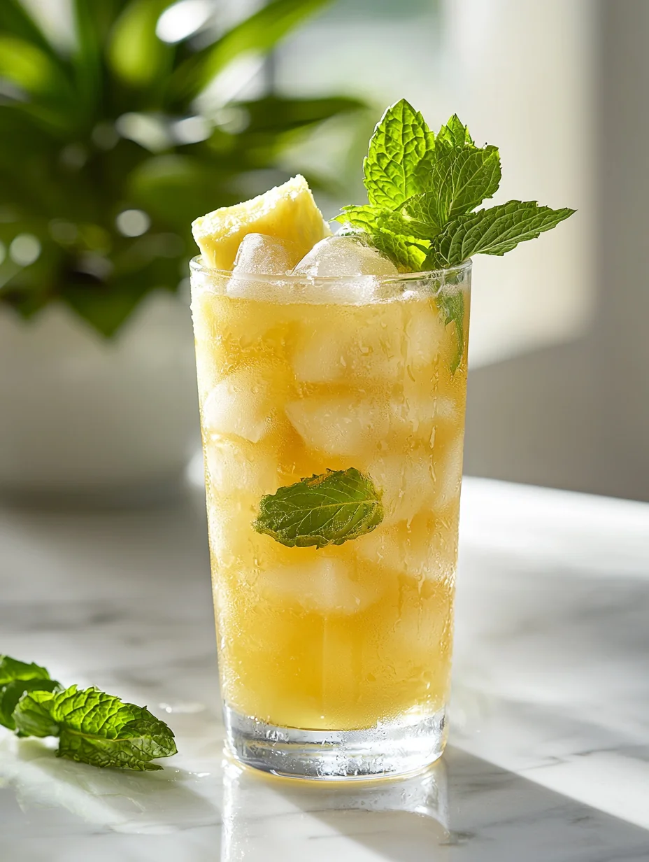 Tall glass of refreshing pineapple mint cooler with ice cubes and fresh mint garnish on white background