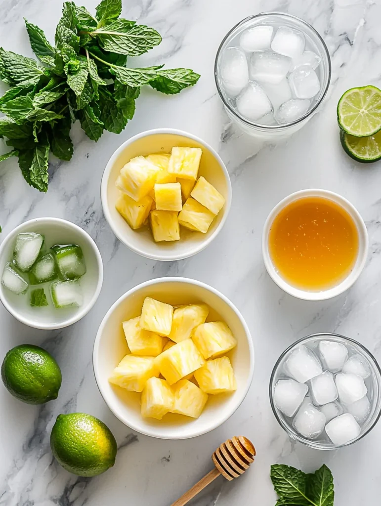 Fresh pineapple chunks, vibrant green mint leaves, lime wedges, and ice arranged on wooden cutting board