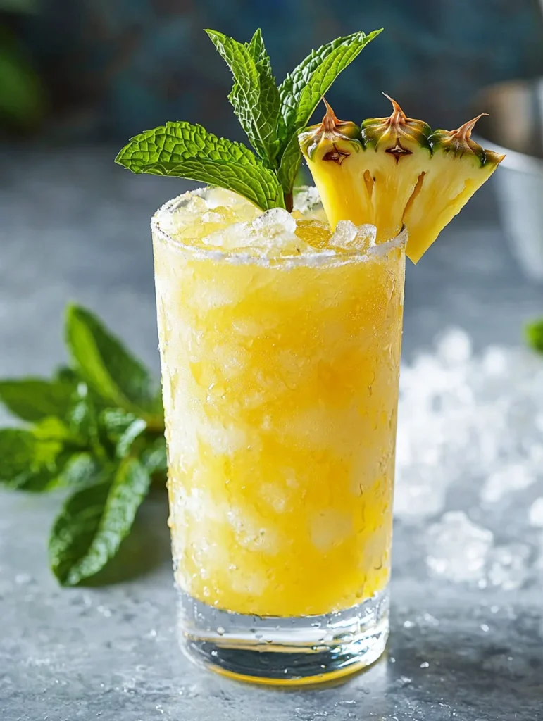 Chilled pineapple mint cooler served in glasses with striped straws, fresh pineapple wedge, and mint sprig garnish