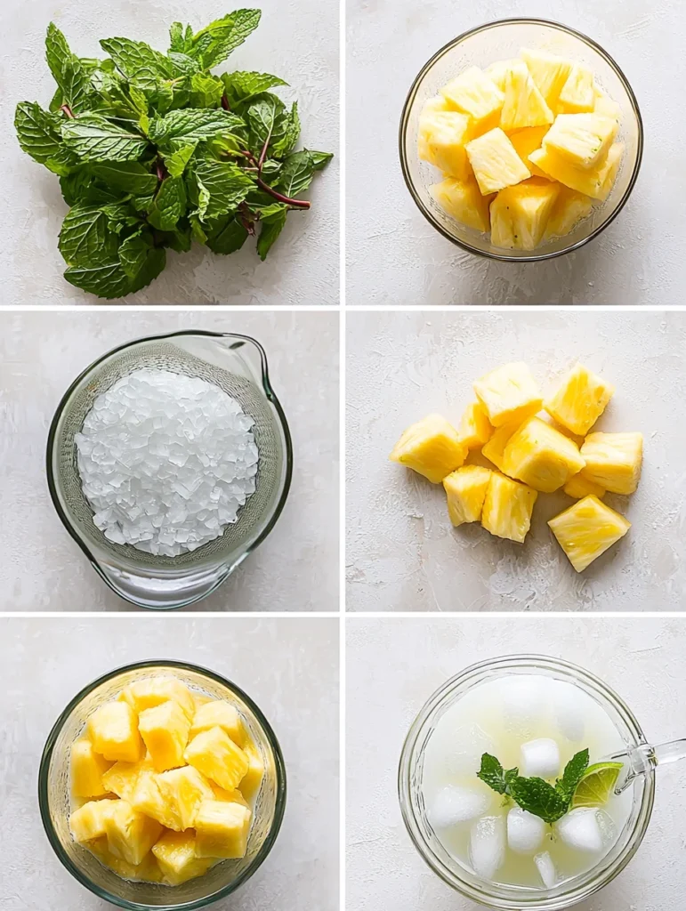 Hands blending fresh pineapple and mint leaves in clear blender pitcher with coconut water or juice base