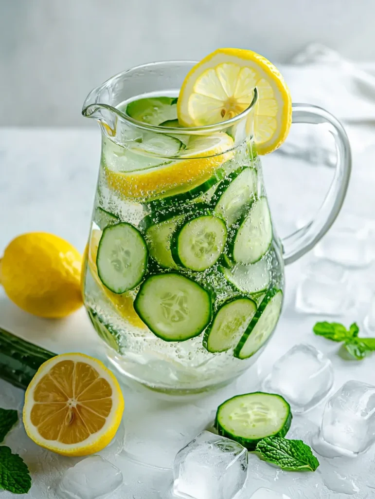 Clear glass pitcher filled with refreshing cucumber lemon water, fresh cucumber slices and lemon wheels floating inside