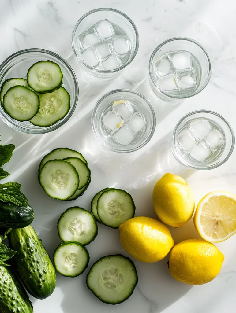 Fresh organic cucumbers, bright yellow lemons, and crisp mint leaves arranged on white marble countertop ready for preparation