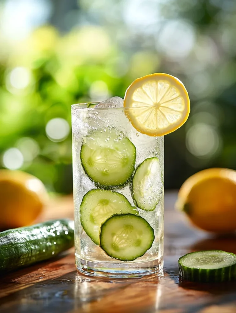 Tall glass of refreshing cucumber lemon water served ice-cold with cucumber ribbon and lemon wheel garnish on wooden table