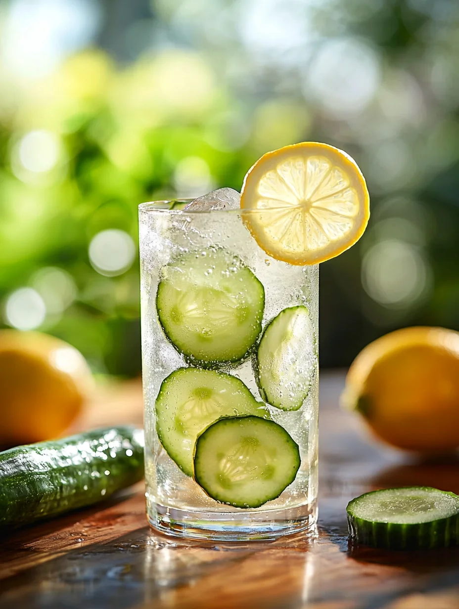 Tall glass of refreshing cucumber lemon water served ice-cold with cucumber ribbon and lemon wheel garnish on wooden table