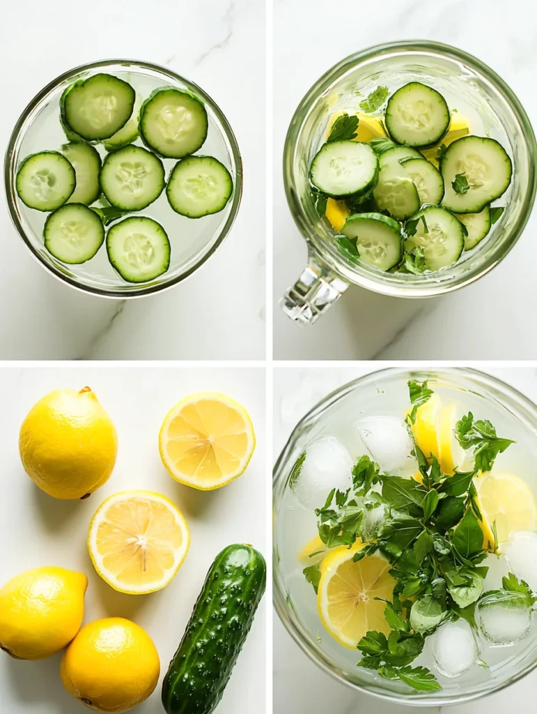 Hands pouring chilled cucumber lemon infused water into clear glass with ice cubes and fresh cucumber slice garnish