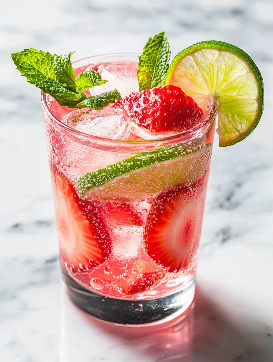 Tall glass of strawberry lime refresher with fresh strawberries and lime slices on white background
