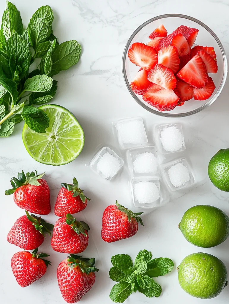Fresh strawberries, limes, ice, and mint leaves arranged on wooden cutting board for refresher recipe