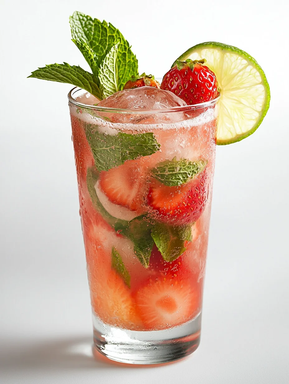 Two chilled glasses of strawberry lime refresher garnished with strawberry slices and lime wheels